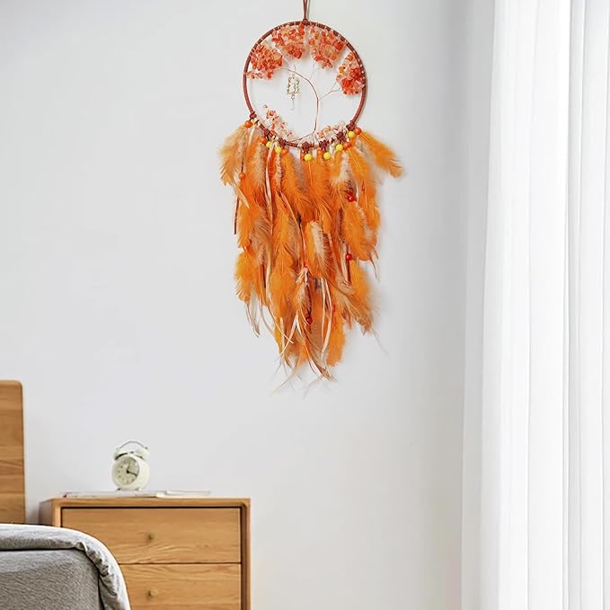 Orange Dream Catcher Wall Decor Crystal Tree of Life Dream Catchers Handmade Feather Dreamcatcher Wall Hanging Ornament for Bedroom Living Room Home Decor
