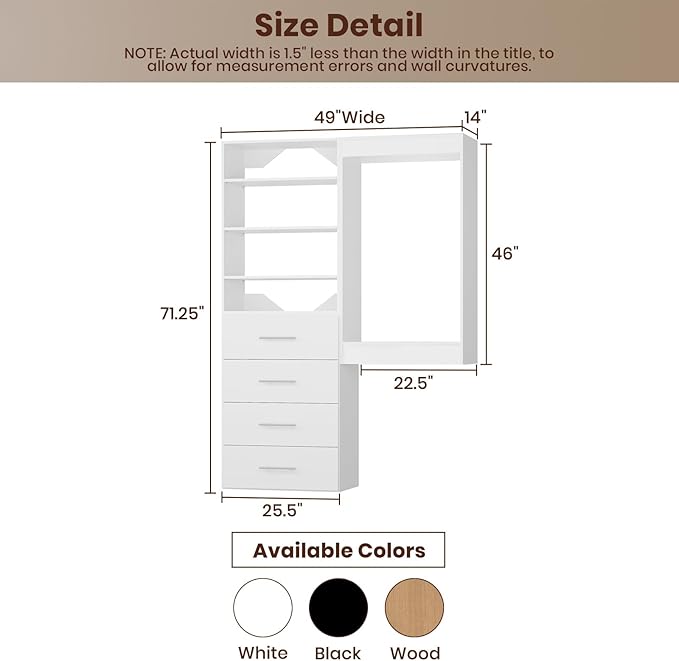 ROOMTEC Modular Closet System, 49" Wall-Mounted Closet Organizer with Drawers and Hanging Rods, Wooden Tower for Walk-In Closets, Wardrobe Storage Kit, White