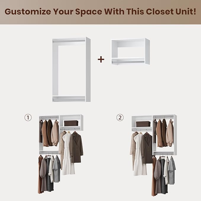 ROOMTEC Modular Closet System, 70" Wall-Mounted Closet Organizer with Hanging Rods, Wooden Tower for Walk-In Closets, Wardrobe Storage Kit, White