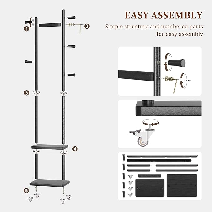 Solid Wood Coat Rack Freestanding Clothing Rack with Wheels & 2 Shelves Storage & 5 Hooks Heavy Duty Clothes Rack Wood Coat Tree Stand Hat Hanger Rack for Corner Bedroom Entryway Living Room Hotel