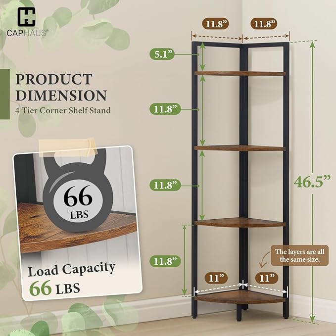 CAPHAUS 4 Tier Corner Shelf, 46.5-Inch Tall Bookshelf, Display Rack With Metal Frame, Round Shelf Unit, Small Stand for Bathroom, Living Room, Home, Office, Rustic Oak
