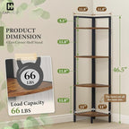 CAPHAUS 4 Tier Corner Shelf, 46.5-Inch Tall Bookshelf, Display Rack With Metal Frame, Round Shelf Unit, Small Stand for Bathroom, Living Room, Home, Office, Rustic Oak