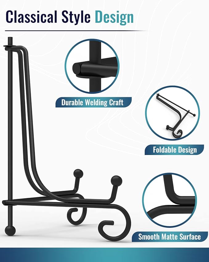 Iron Display Stand 10 Packs, 8 Inches Plate Stand Picture Stand Photo Stand for Display, Black Foldable Easel Stand Holder for Photo Frame, Artwork, Collection, Decorative Plate, Book, Office