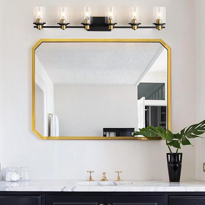 LOUSACE Bathroom Light Fixtures Black and Gold, 6 Light Bathroom Vanity Light, Modern Bathroom Light over Mirror with Clear Glass Shades, Brushed Gold Socket Wall Vanity Lighting Fixtures for Bathroom