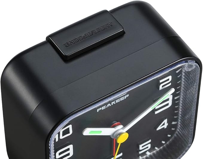 Peakeep 3D Numbers No Tick-Tock Analog Alarm Clock with Classic Beep Sound, Snooze, Manual Light and Battery Powered Small for Travel (Black-3D)
