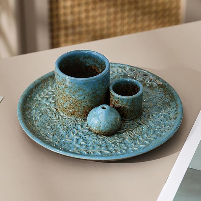5 in 1 Incense Holder Burner, 5.9" Ceramic Holder for Burning Palo Santo Sage Candle and Incense Sticks Cones, Ash Catcher Tray for Meditation Room Home Décor(Blue)
