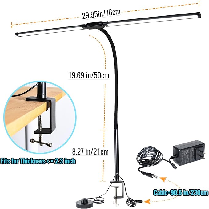 LED Desk Lamp with Two Heads, Clamp On Desk Lamps, 24W, 4000 LMS, CRI>90, 5 Color Modes (2600K-6500K), 10 Brightness Levels, Adapter Included