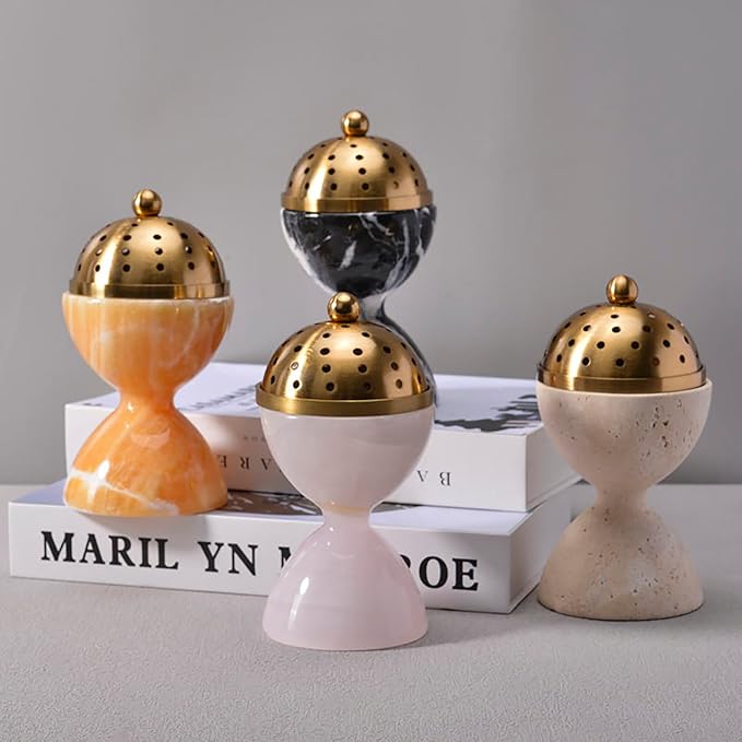Natural Marble Incense Burner with Brass Accents 6.29 x 3.54 inches Multi-Purpose Holder for Cones/Sticks/Sage, Home Decor & Relaxation (Yellow)