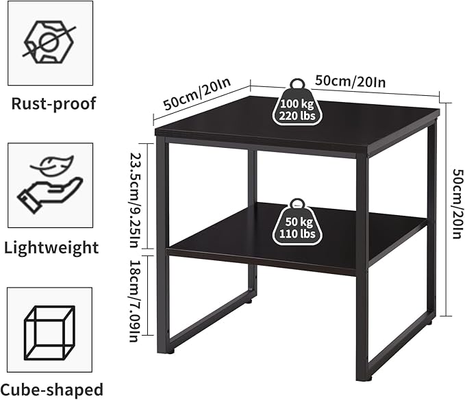 Small Table Stand with Adjustable Storage Shelf 20 inch, Square Coffee Tea Table, Dorm Fridge Stand, Large Printer Stand Table for Office Black YD-TM153B