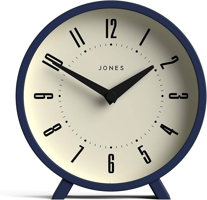 JONES CLOCKS® Venus Desk Clock | Modern Round Design | Blue | Stylish Retro Look for Shelf, Table, Mantel or Bedside