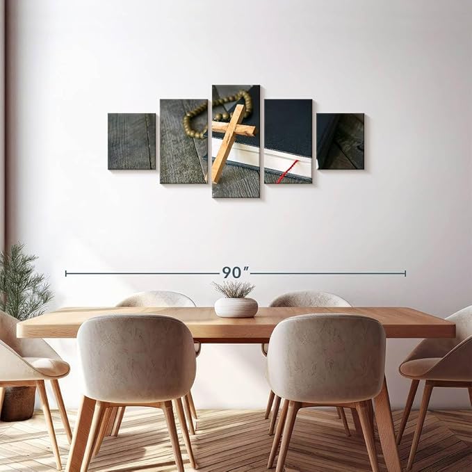 Elephant Stock Cross Canvas - 5 Panel Christian Pictures Decor - Canvas Print Wall Decor - Christian Cross Wall Art - 68" X 30"