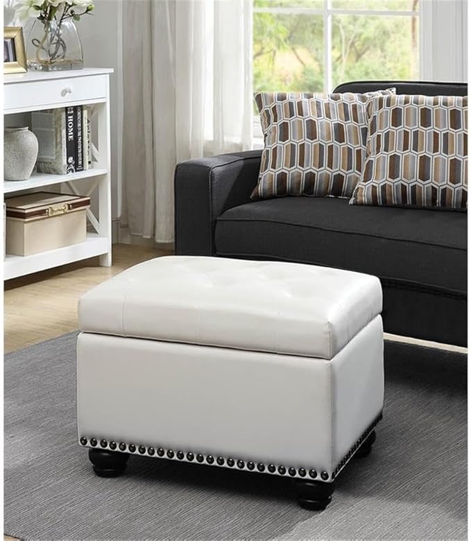 Convenience Concepts Designs4Comfort 5th Avenue Upholstered Storage Ottoman 24" - Contemporary Foot Stool and Seat with Hinged Lid for Living Room, Dining Room, Office, Den, Ivory Faux Leather