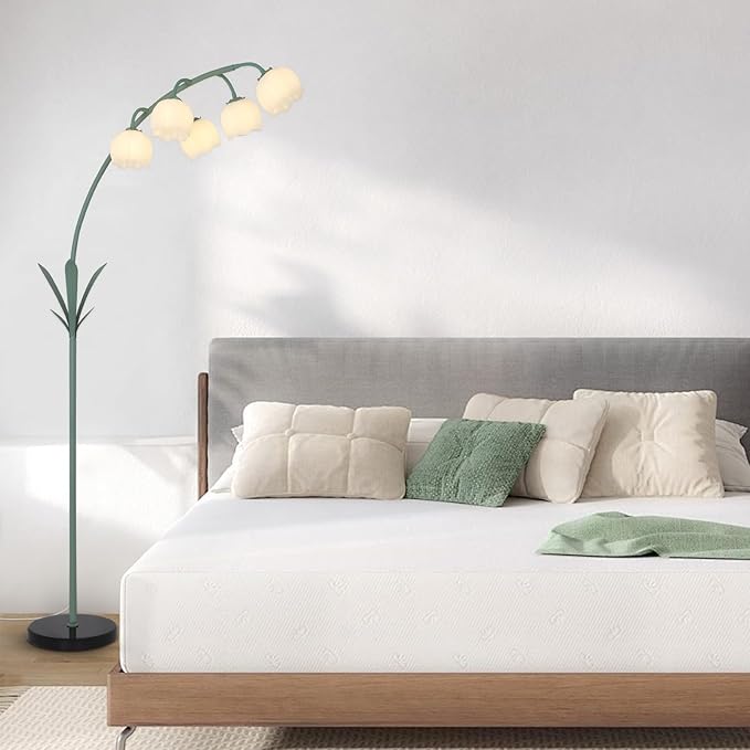 HMVPL Arc Floor Lamp for Living Room, Flower Floor Lamp with 5 G9 LED Bulbs, Foot Switch, Green Floral Standing Lamp with Acrylic Shade, Curved Tall Lamp for Living Room Bedroom Corner Kids Reading