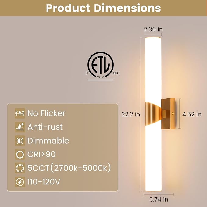 Modern Gold Wall Sconce 22 Inch Dimmable Bathroom Sconces 5CCT Led Wall Lights with Acrylic Shade Hardwired Long Vanity Lighting Fixtures Over Mirror for Bedroom Living Room
