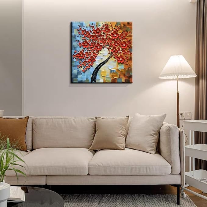 YaSheng Art -Modern Abstract Painting 3D Red Flowers Oil Painting On Canvas Tree Paintings Home Interior Decor Wall Art for living room Bedroom Ready to hang 24x24inch