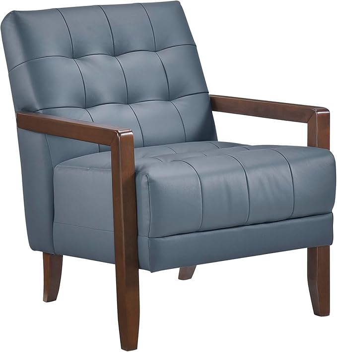 Lexicon Modern Accent Chair, Luxury Genuine Leather Match Living Room Chair with Tufted Cushions, Solid Wood Frame and Arm Rest, Comfy Upholstered Single Seat for Bedroom/Reading/Office, Blue