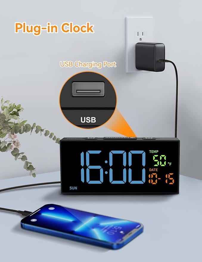 Netzu Alarm Clocks for Bedrooms, Digital Clock with Date Temperature and Weekday, Manual DST, Snooze, 2 Alarms, 4 Volumes for Living Room Home Bedside Desk (Black and Blue)