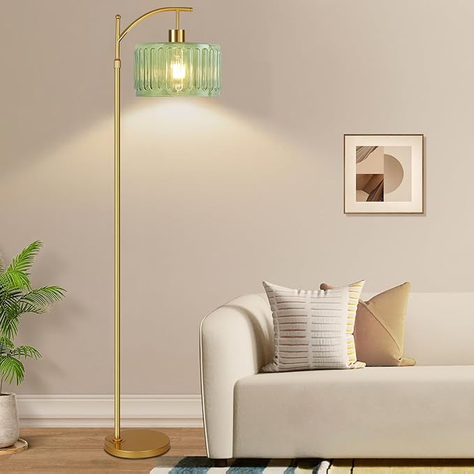 Glass Floor Lamp for Living Room,Bedroom,Gold Dimmable Standing Lamp with Remote,Mid Century Modern Brass Tall Lamp Boho Vintage Retro Floor Lamps Arc Green Flower Floor Light Lamp Bohemian
