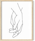 Holding Hands Wall Art Interlocking Fingers Connection Continuous Line Drawing 16x20 Inch Oak Wood Beige Framed Modern Minimalist Unity Print for Bedroom