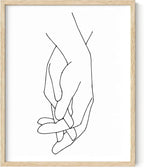 Holding Hands Wall Art Interlocking Fingers Connection Continuous Line Drawing 16x20 Inch Oak Wood Beige Framed Modern Minimalist Unity Print for Bedroom