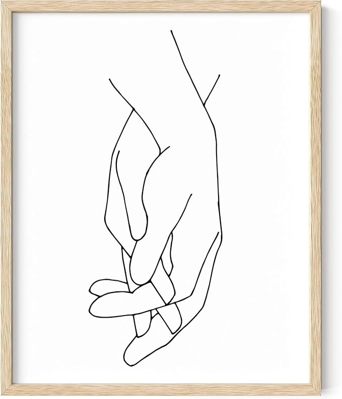 Holding Hands Wall Art Interlocking Fingers Connection Continuous Line Drawing 16x20 Inch Oak Wood Beige Framed Modern Minimalist Unity Print for Bedroom