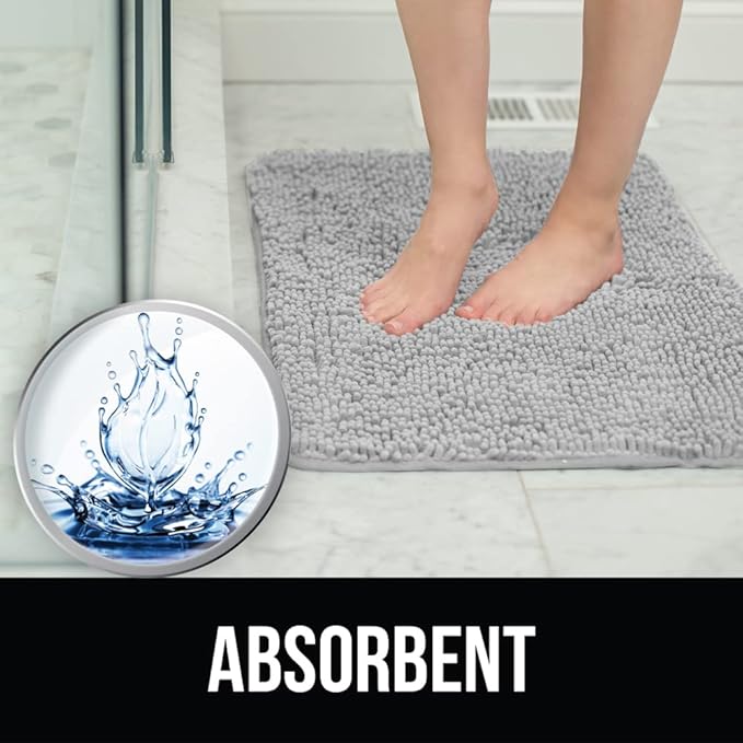 KANGAROO Bathroom Rugs, Chenille Soft Absorbent Bath Rug, Shaggy Shower Mat, Quick Dry Machine Wash Bathmat, Plush Carpet Mats for Tub, Bathtub and Room Home Decor Accessories, 36x24, Light Gray