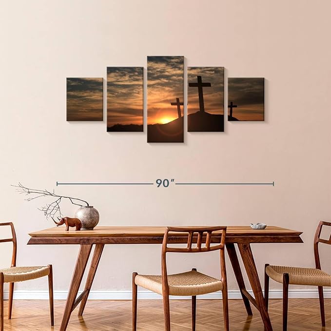 Elephant Stock Cross Silhouettes Wall Art Multi Piece Canvas - 5 Panel Christian Pictures Decor - Digital Design Canvas Print - Christian Wall Decor - 80" X 36"