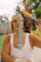 Bluecorn Beeswax Taper Candles, 100% Pure Natural Bees Wax, 10 Inch Pair, Sky Blue Candlesticks, Unscented, Clean Burning & Dripless, Long Lasting, Thanksgiving & Christmas Decor, American Made, 1 Ct