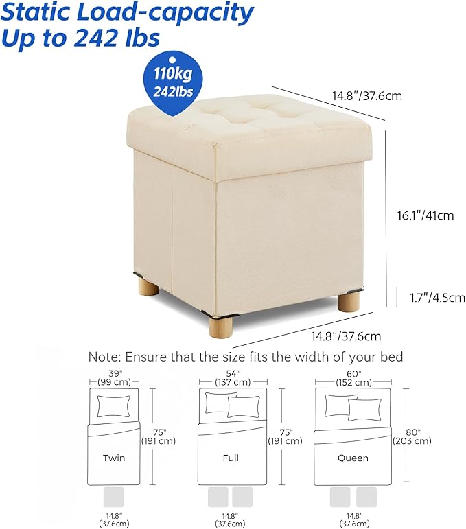 BRIAN & DANY Ottoman with Storage, Square Small Storage Ottoman Foot Rest with Legs, Ottomans Foot Stool for Dorm, Living Room, Entryway (Beige) 14.8" x 14.8" x 16"