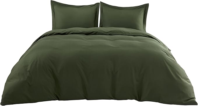 Bedsure 100% Rayon Derived from Bamboo Duvet Cover Queen Size - Lightweight Silky Cooling Comforter Cover Set for Hot Sleepers, Breathable & Moisture-Wicking Bedding Set, Olive Green