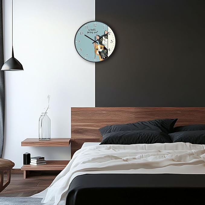 8 inch Plastic Wall Clock Battery Operated, Decorative Round Wall Clock, Quiet Wall Clock, Cat Pattern