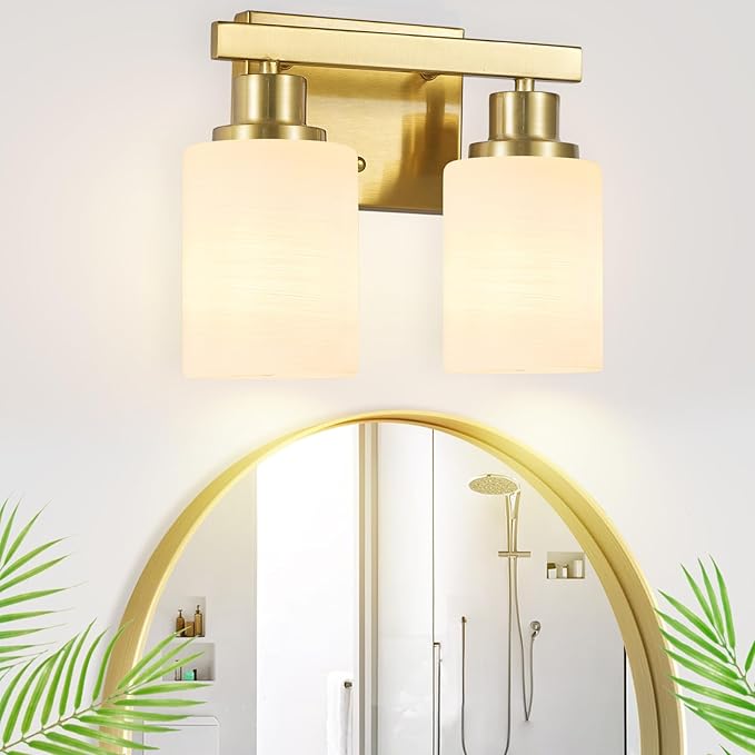 Gold Bathroom Light Fixtures Over Mirror, 2-Light Modern Vanity Lights with White Glass Shade, Bathroom Wall Lamp Sconces for Mirror Bedroom, Living Room Hallway Small Space