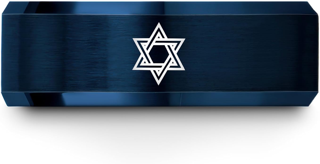 Mezuzah star Of David Ring - Gift for Jewish Family - Flat Dome Bevel - 8mm - Men Women - Yellow Gold Black Silver Blue - Anniversary Wedding - Personalized Custom Engraving - Band - Brushed Polished