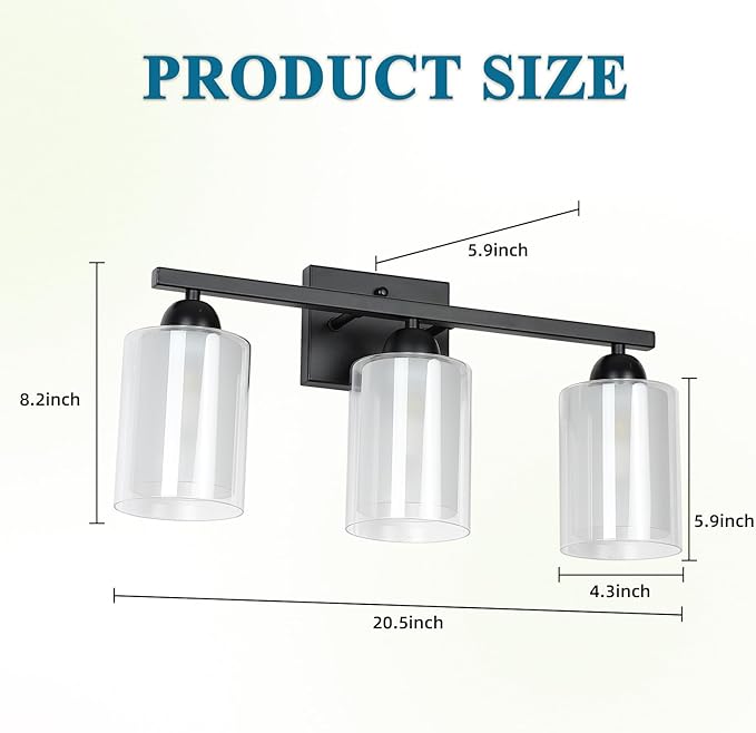 Matte Black Bathroom Vanity Light Over Mirror, 3 Light Bathroom Light Fixtures with Milk Glass and Clear Glass Shades, Modern Vanity Lighting Wall Mount