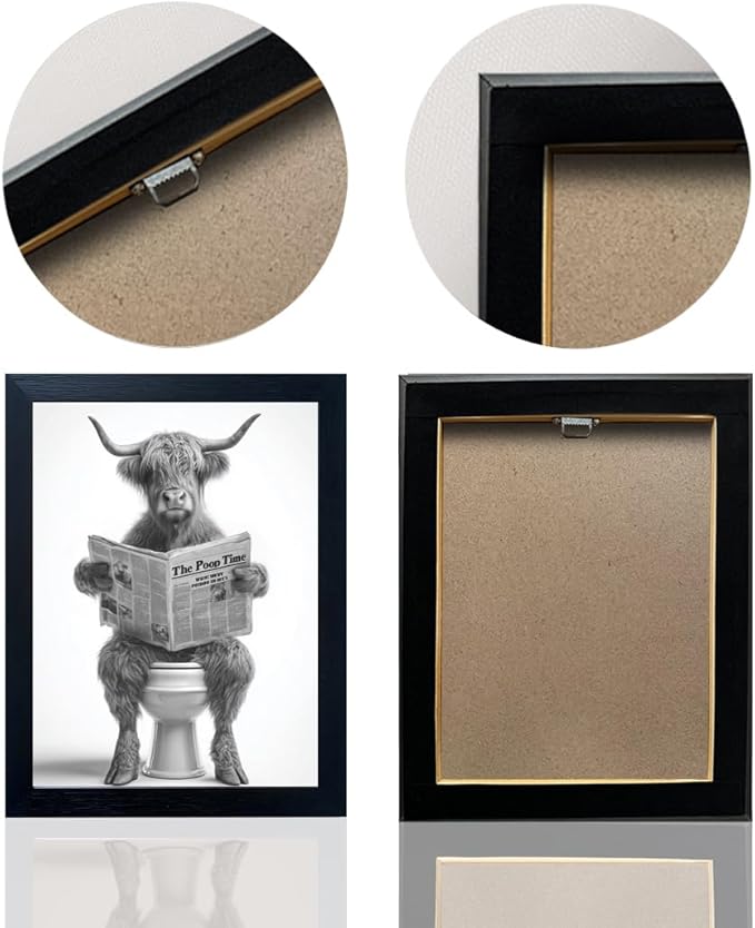 Funny Highland Cow Bathroom Wall Art - Framed Black and White Bathroom Wall Decor, Humorous Cow Picture Wall Decor with Cute Animal Canvas, Modern Farmhouse Style Restroom Sign Art for Toilet & Washroom 16"x20"