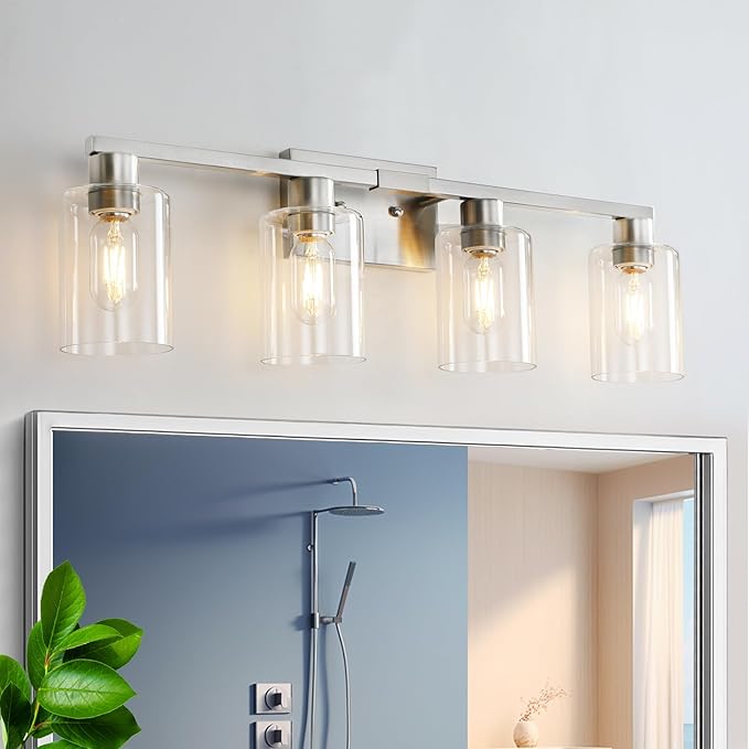 4 Light Bathroom Light Fixtures, Brushed Nickel Modern Bathroom Vanity Light with Clear Glass Shade, Bathroom Lighting Fixtures Over Mirror, Vanity Lights for Bathroom Mirror