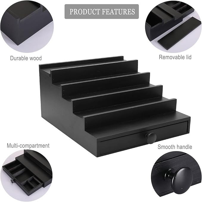 5 Tier Cologne Organizer for Men - Wooden Black Cologne Perfume Display Stand with Drawer and Hidden Compartment, Mens Cologne Holder Shelf for Organizing and Storing