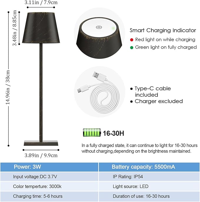 2-Pack Rechargeable Table Lamps LED Cordless Table Lamp 3W 5500mAh Battery Operated Table Light Stepless Dimmable Portable Desk Lamp for Restaurant/Table/Bedroom/Outdoor (Copper)