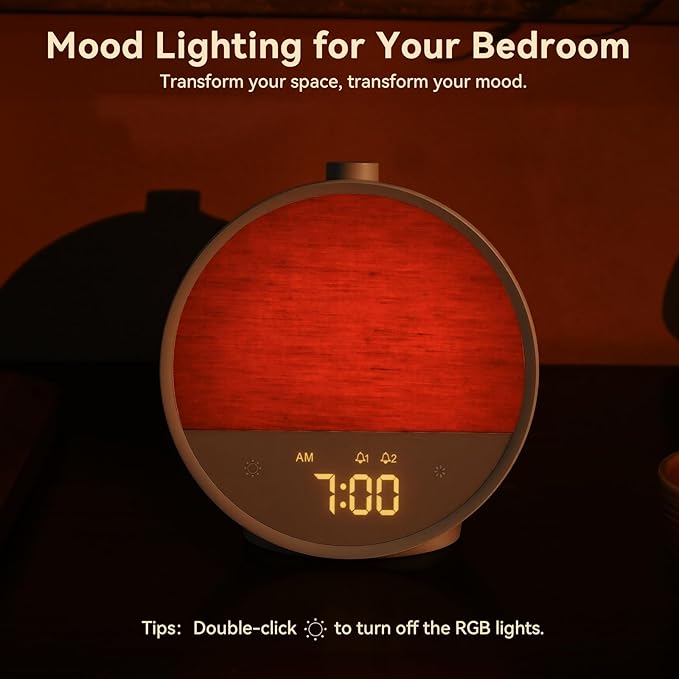 Vivilumens Sunrise Alarm Clock, Gentle Wake-Up Light & Sound Machine, Dual Alarms for Heavy Sleepers Adults, Natural Sounds, RGB Mood Light, Dimmable Bedside Night Lamp Ideal for Bedroom & Gifts