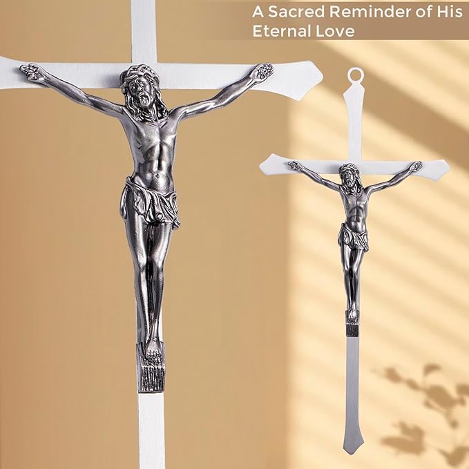 ACHIBANG 10" Metal Crucifix Wall Cross – Modern Catholic Silver Jesus Cross for Wall Decor, Christian Symbol of Faith