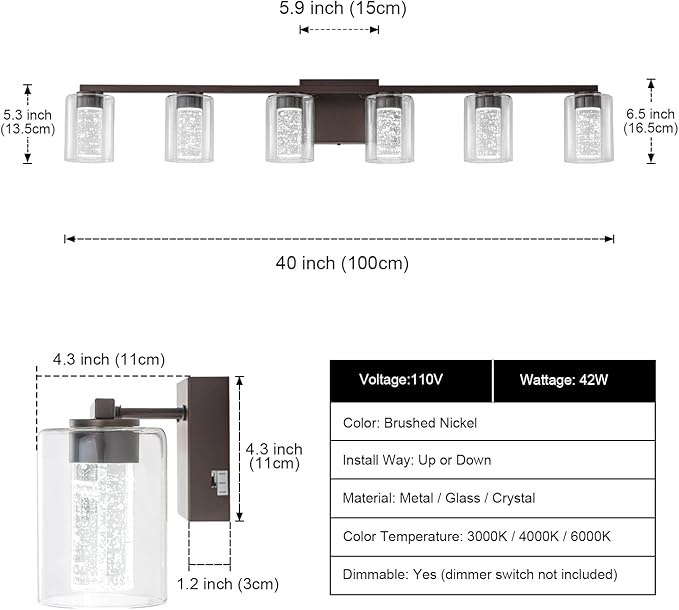 SineRise 6-Light Bronze Vanity Light with 3 Color Modes (3000K/4000K/6000K), Eye Protection LED Bathroom Light Fixture, Dimmable Modern Wall Light Over Mirror with Clear Glass Shade