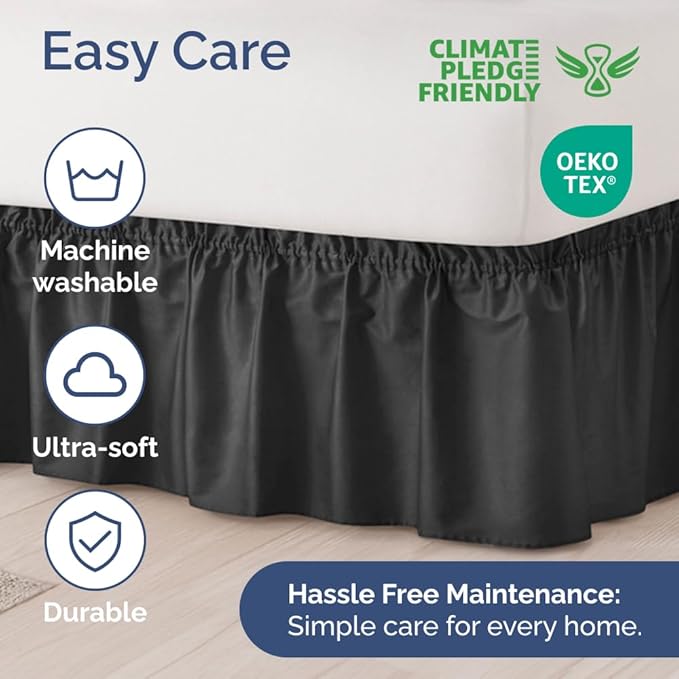 Wrap Around Dust Ruffle Bed Skirt - Black - for Queen Size Beds with 24 Inch Drop - Easy Fit Elastic Strap - Adjustable Pleated Bedskirt w/Brushed Fabric - Wrinkle Free - for Women, Men, Kids & Teens