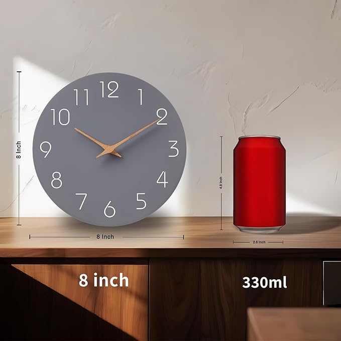 Mosewa Wall Clock 8 Inch Gray Battery Operated Silent Non Ticking Simple Modern Clock Decorative for Bedroom Living Room Kitchen Home Bathroom Office