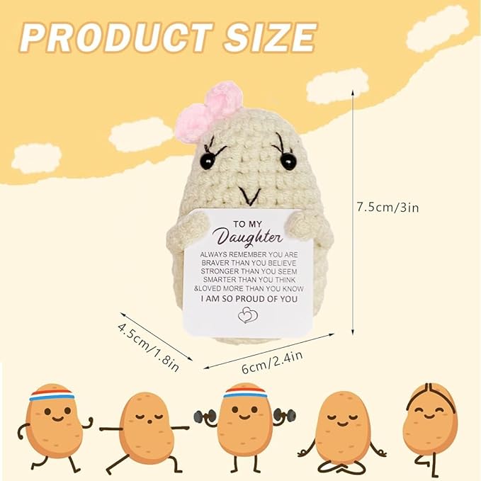 WASTIME Funny Knitted Wool Doll Toy with Positive Card - Creative Cute Mini Crochet Positive Potato Dolls Cheer Up Gift for Family Kids Friends Encouragement Decoration (B- to My Daughter)