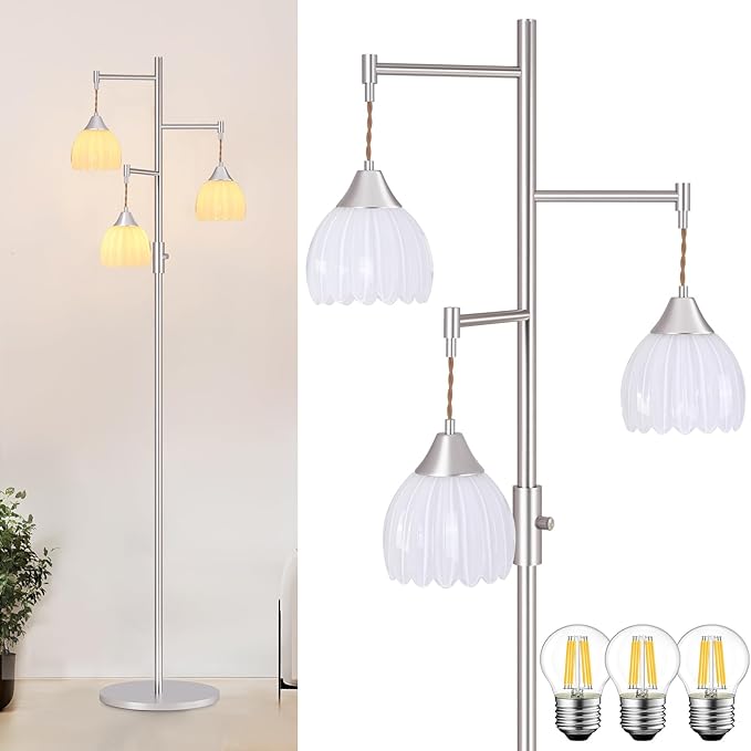 Dimmable Floor Lamp for Living Room, Bedroom, Nickel Standing Lamp with 3pcs 6W Bulbs, Vintage Floor Lamps for Corner, Nursery (White Tulip)