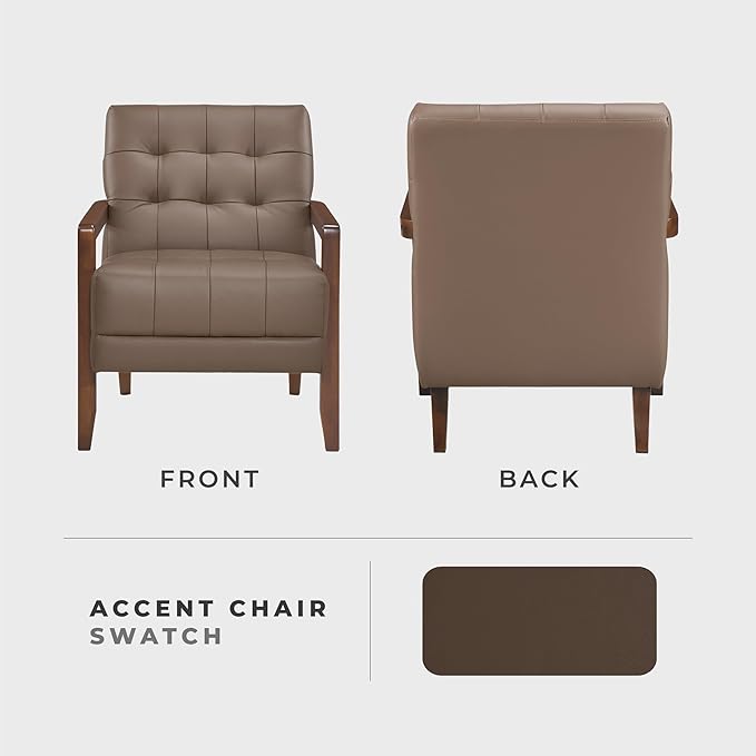 Lexicon Modern Accent Chair, Luxury Genuine Leather Match Living Room Chair with Tufted Cushions, Solid Wood Frame and Arm Rest, Comfy Upholstered Single Seat for Bedroom/Reading/Office, Brown