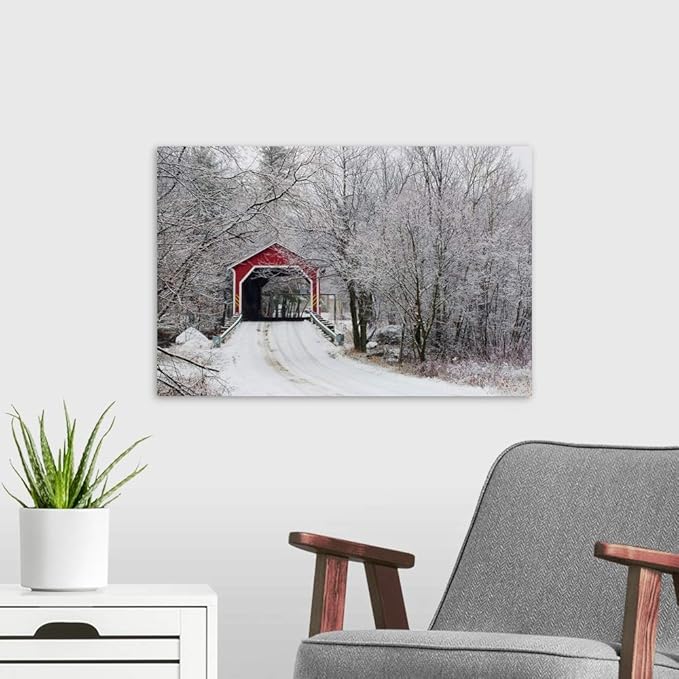 CANVAS ON DEMAND Red Covered Bridge in the Winter; Adamsville Quebec Canada Canvas Wall Art Print by David Chapman, Home Decor, Frost, Winter Artwork, 24"x16"