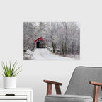 CANVAS ON DEMAND Red Covered Bridge in the Winter; Adamsville Quebec Canada Canvas Wall Art Print by David Chapman, Home Decor, Frost, Winter Artwork, 24"x16"