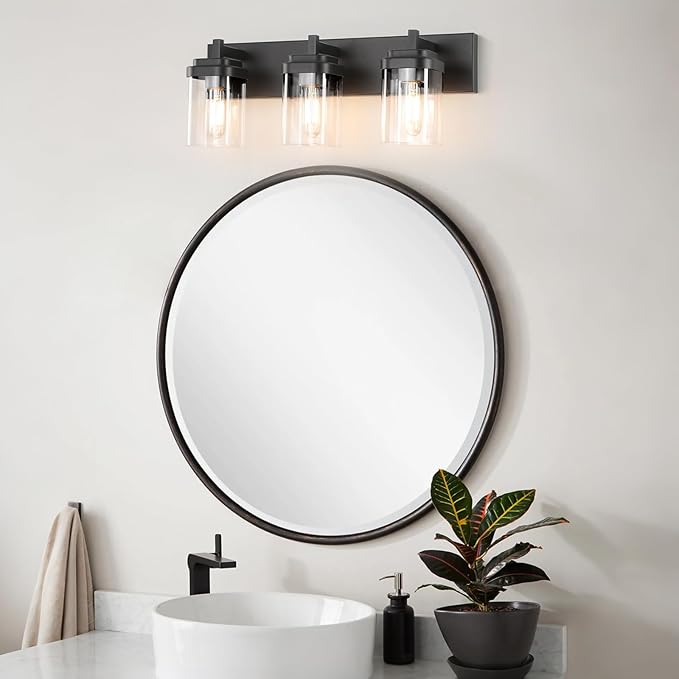 Vanity Light Fixture,3-Light Vanity Light for Bathroom,Matte Black Bathroom Vanity Lighting Over Mirror with Square Clear Glass Shade for Restroom