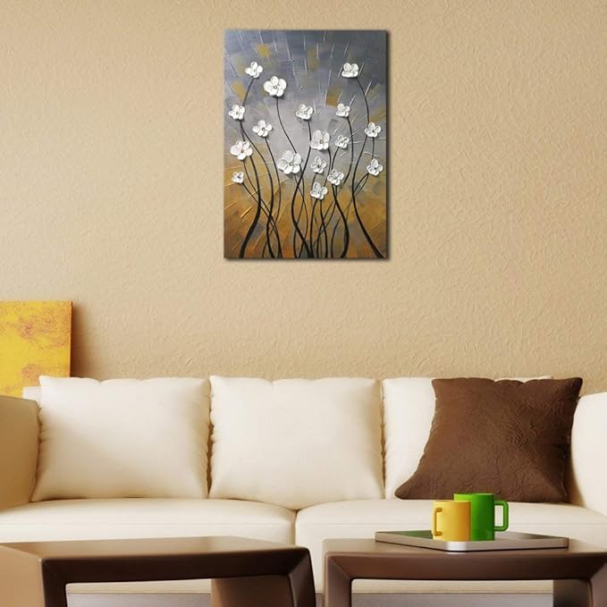 Wieco Art Morning Dancing 100% Hand Painted Floral Oil Paintings Canvas Wall Art Modern Stretched and Framed Grace Abstract Flowers Artwork Ready to Hang for Living Room Home Decorations Wall Decor